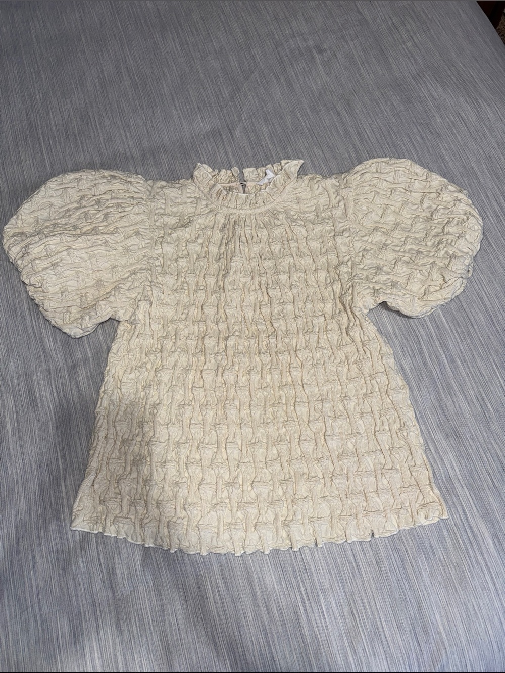 THML Cream Textured Puff Sleeve Smocked Blouse